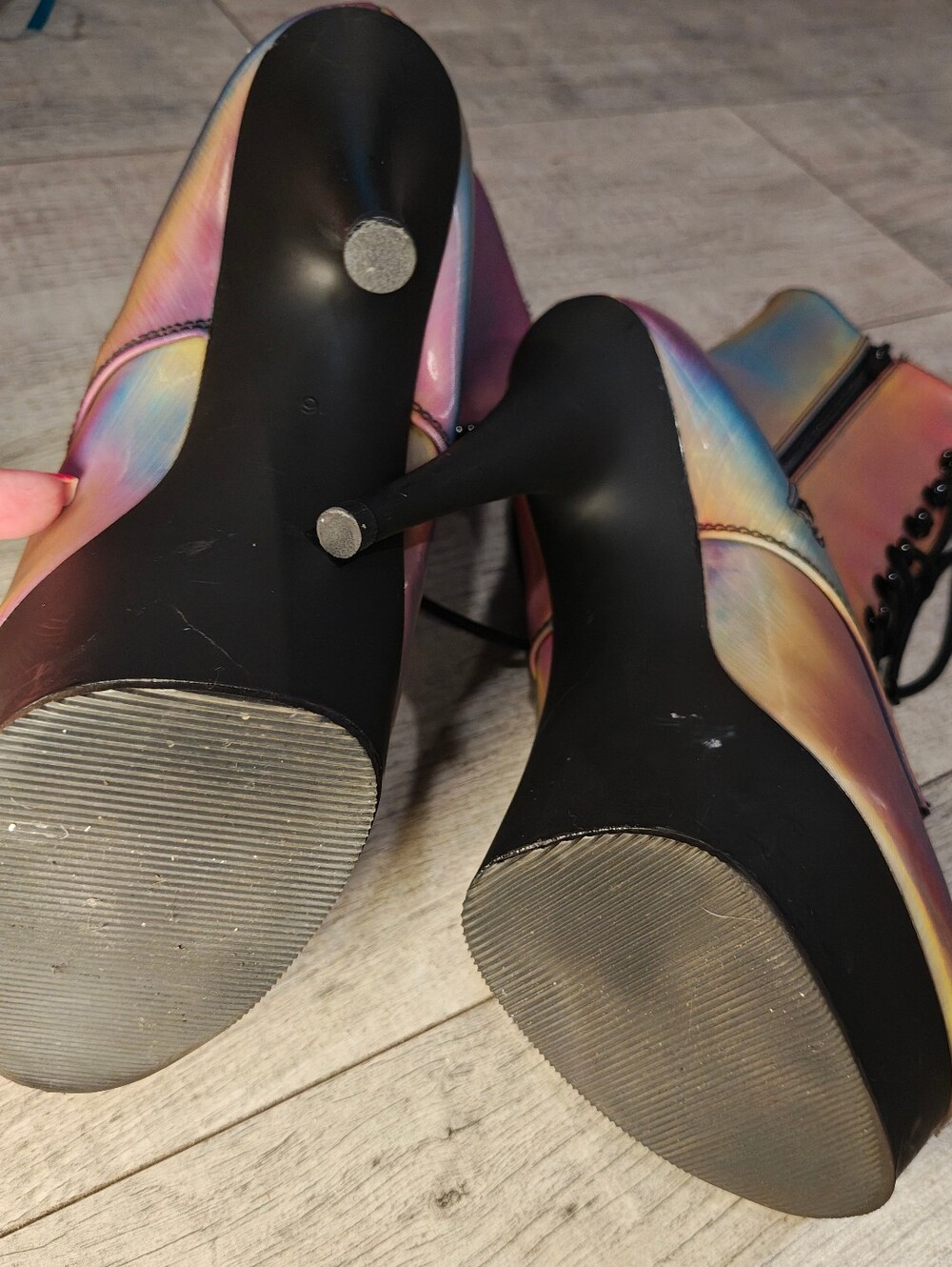 NWOT Pleaser Delight Rainbow Reflective Platform Stiletto Boots. - Picture 4 of 9